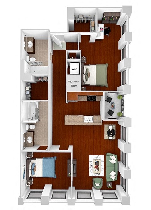 Main 3 Downtown floor plan B3 Flats  - 2 bed 2 bath - 3D